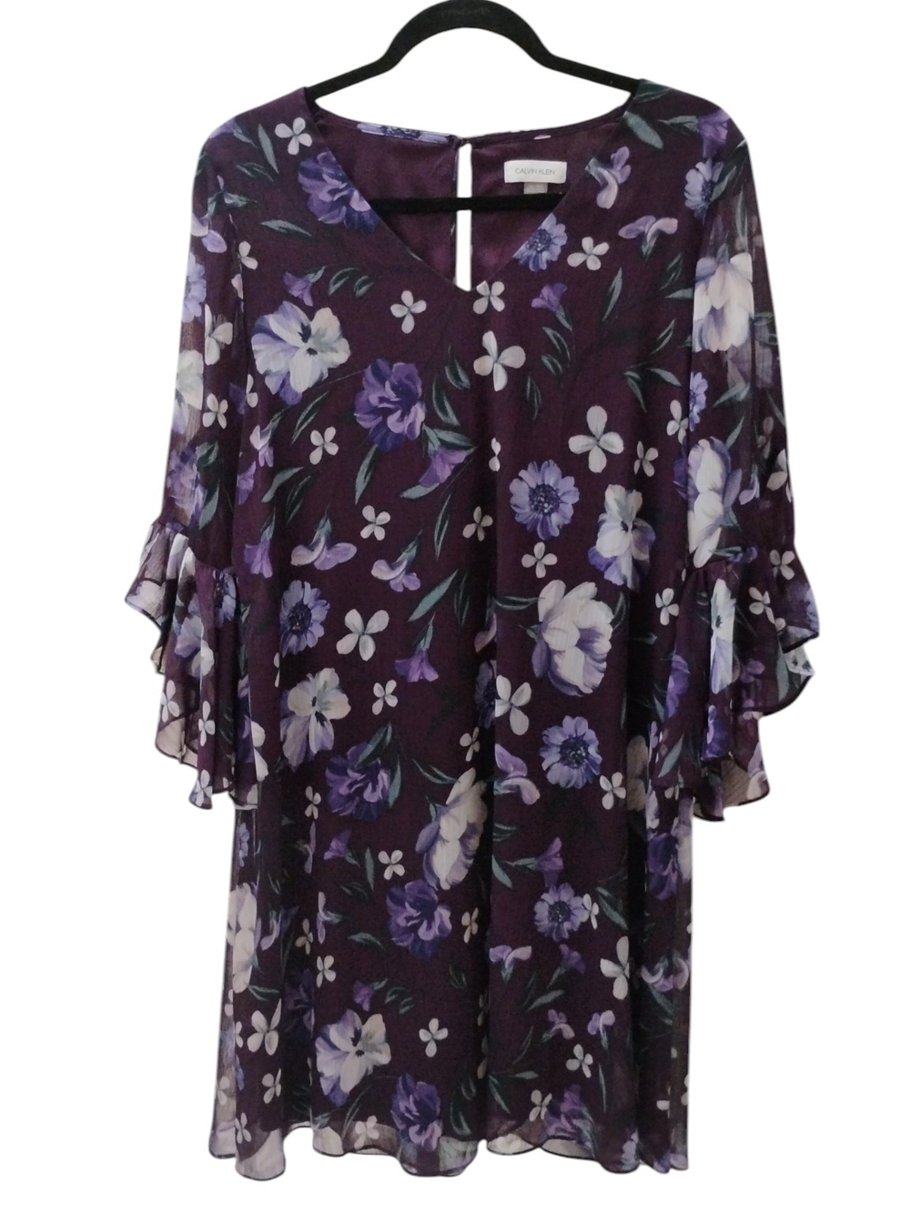 Calvin Klein Plum Purple Floral Dress Flare Sleeves SZ 12